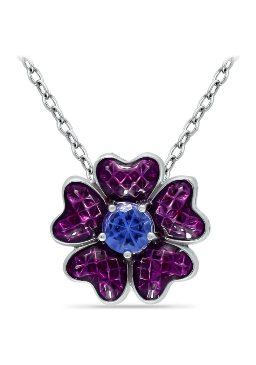 Lab Created 0.49 ct. Nano Tanzanite and Enamel Flower Necklace on 18 inch chain, Sterling Silver