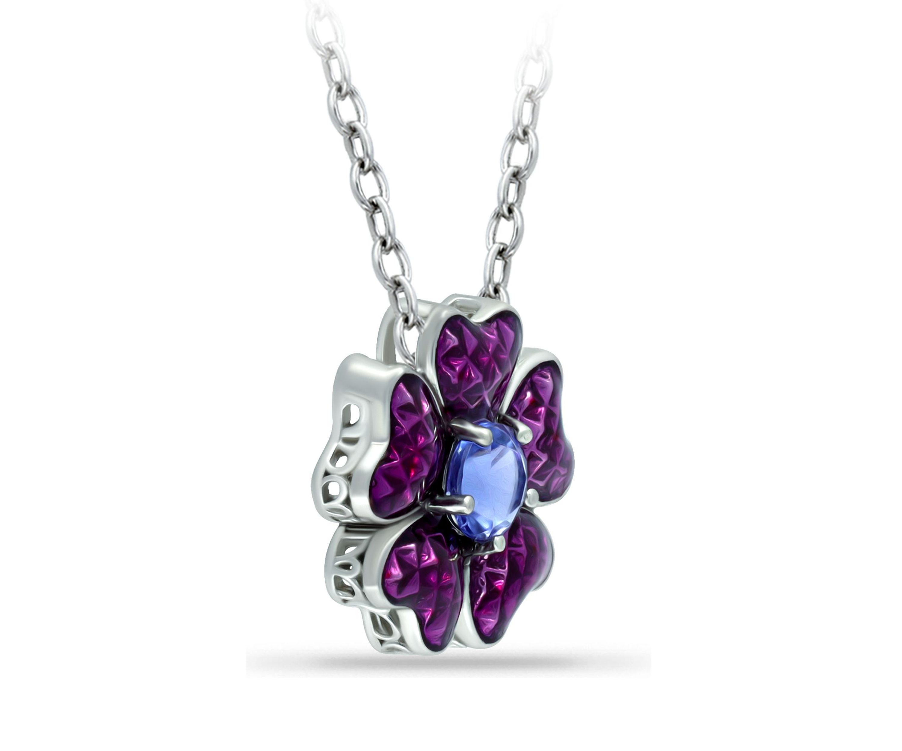Lab Created 0.49 ct. Nano Tanzanite and Enamel Flower Necklace on 18 inch chain, Sterling Silver