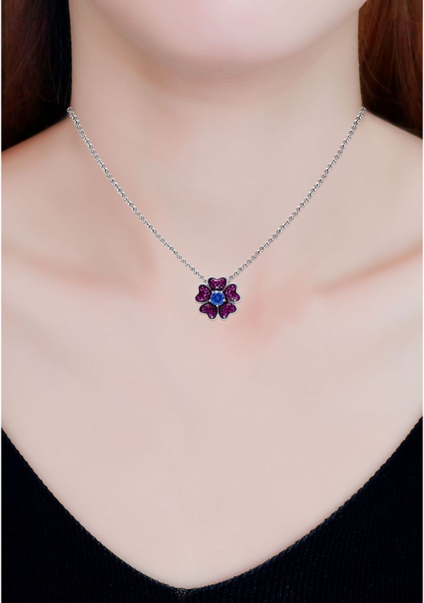 Lab Created 0.49 ct. Nano Tanzanite and Enamel Flower Necklace on 18 inch chain, Sterling Silver