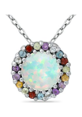 Belk & Co 1.4 Ct. T.w. Synthetic Opal With Multi Gemstone Halo Necklace, Sterling Silver
