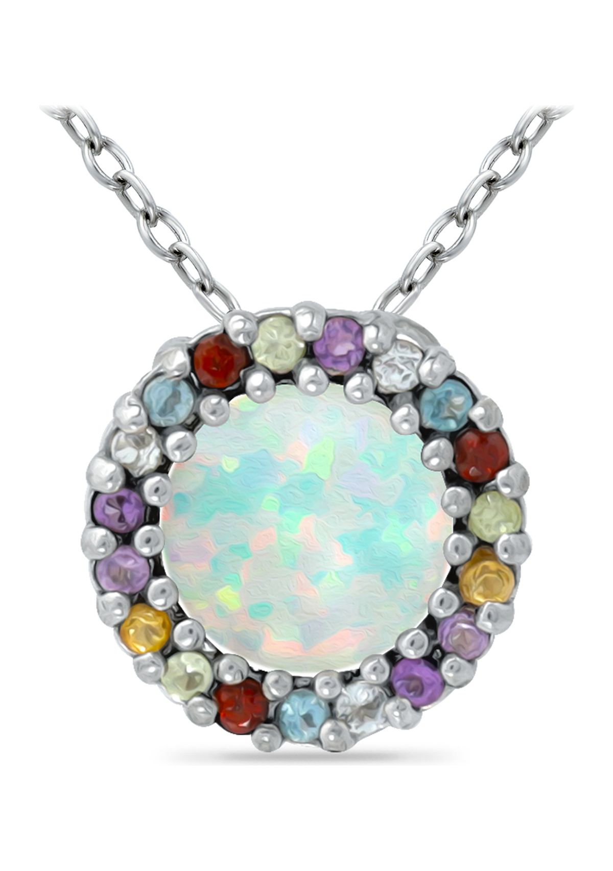 1.4 ct. t.w. Synthetic Opal with Multi Gemstone Halo Necklace, Sterling Silver
