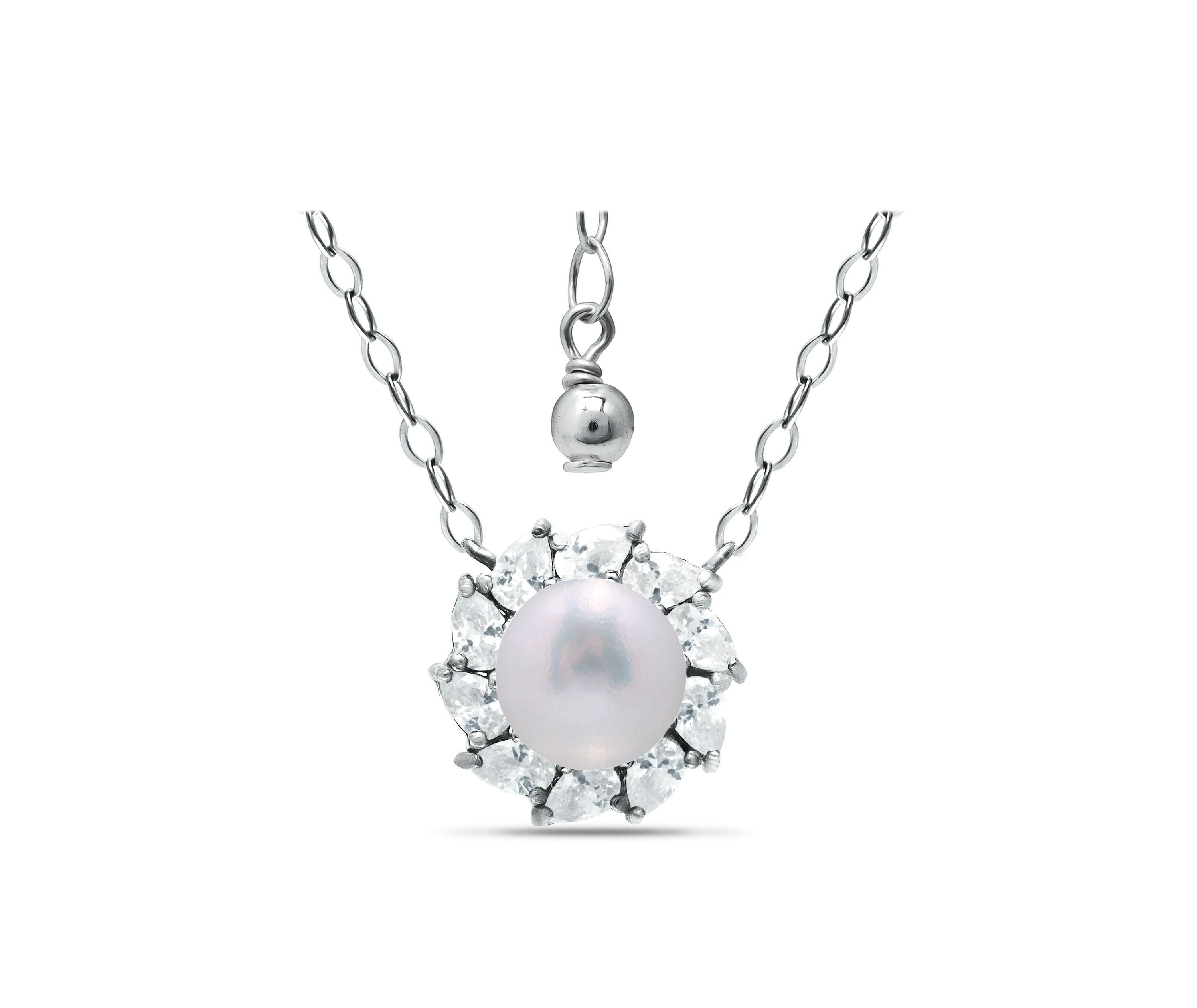 2.25 Cttw 6mm Freshwater Pearl Center 3X2mm Pear Stone Cubic Zirconia Halo Necklace 16" with 2" Extender, Sterling Silver