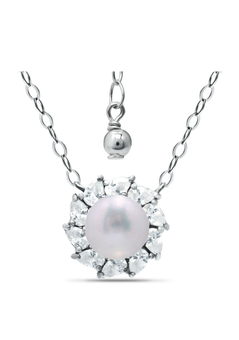 2.25 Cttw 6mm Freshwater Pearl Center 3X2mm Pear Stone Cubic Zirconia Halo Necklace 16" with 2" Extender, Sterling Silver