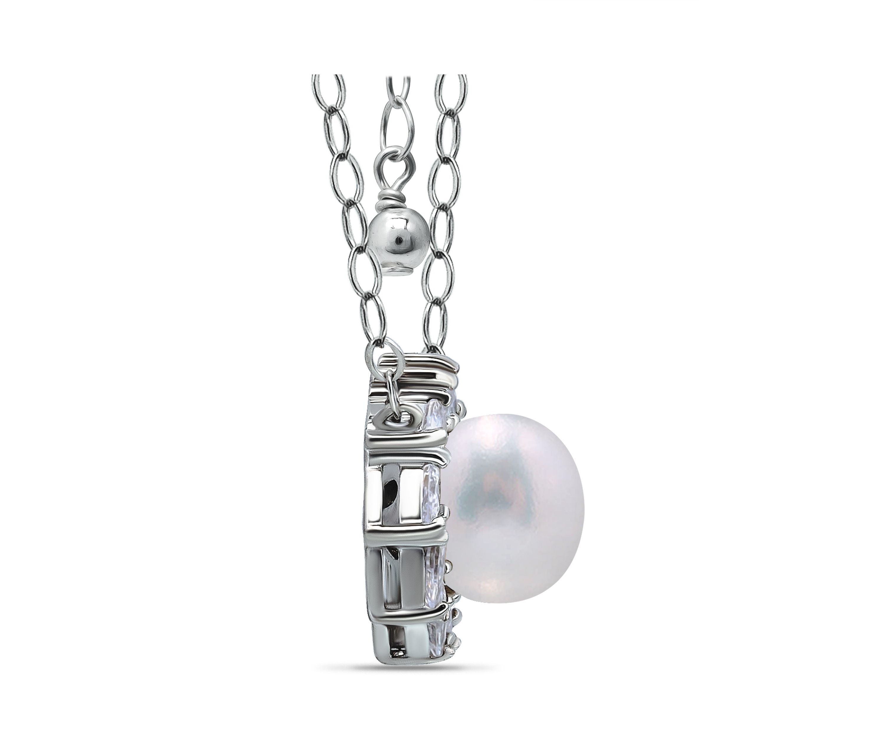 2.25 Cttw 6mm Freshwater Pearl Center 3X2mm Pear Stone Cubic Zirconia Halo Necklace 16" with 2" Extender, Sterling Silver