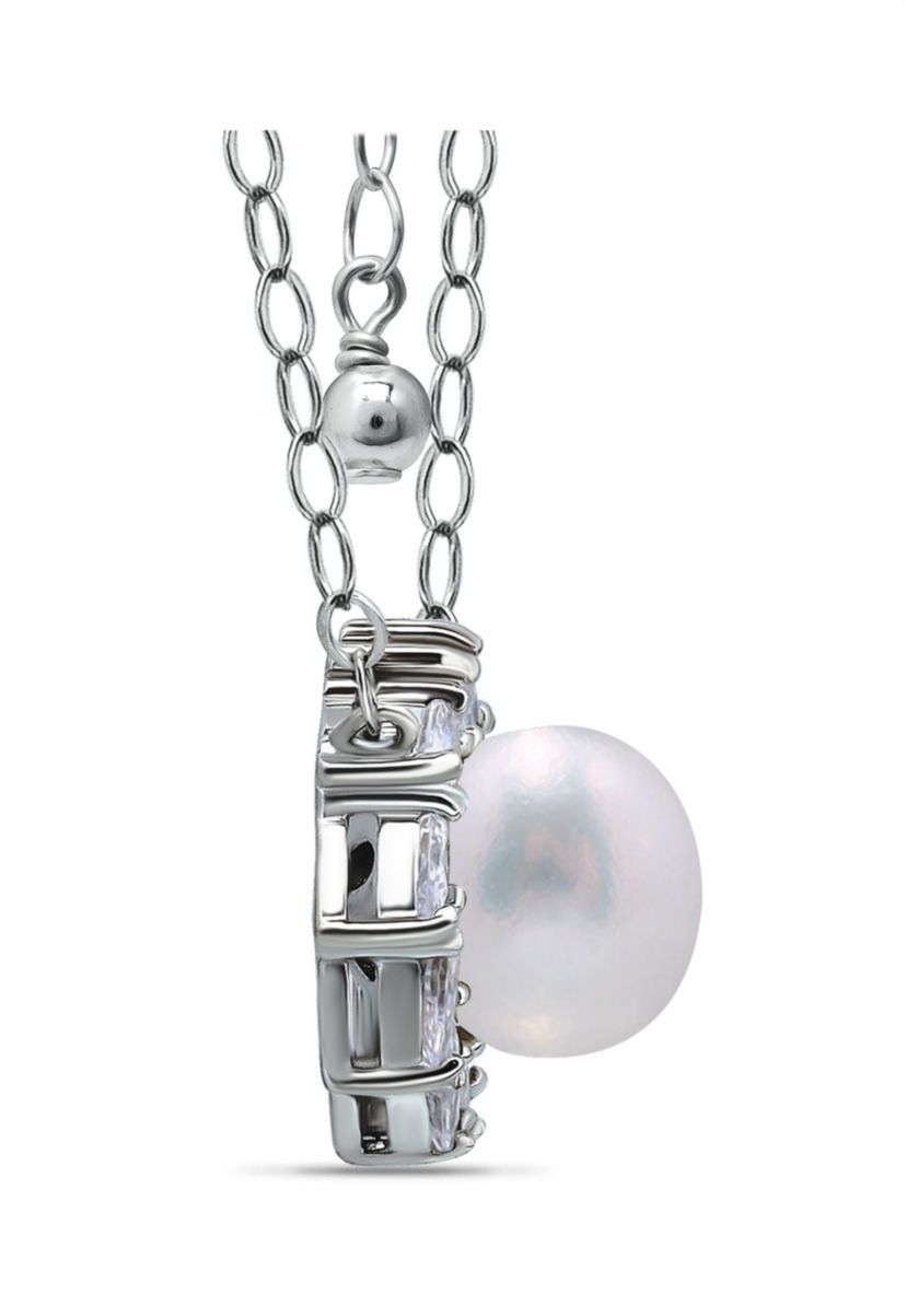 2.25 Cttw 6mm Freshwater Pearl Center 3X2mm Pear Stone Cubic Zirconia Halo Necklace 16" with 2" Extender, Sterling Silver