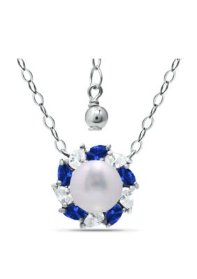 Belk & Co Lab Created 1.97 Cttw 6mm Freshwater Pearl Center 3X2mm Pear Stone Created Blue Sapphire & Cubic Zirconia Halo Necklace 16" with 2"