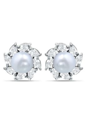 Belk & Co 3.52 Cttw 5mm Freshwater Pearl Center 3X2mm Pear Stone Cubic Zirconia Halo Button Earrings, Sterling Silver