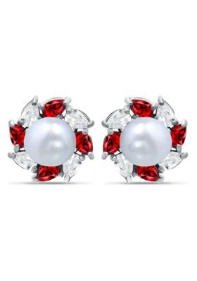 Belk & Co Lab Created 2.76 Cttw 5mm Freshwater Pearl Center 3X2mm Pear Stone Created Ruby & Cubic Zirconia Halo Button Earrings, Sterling Silver