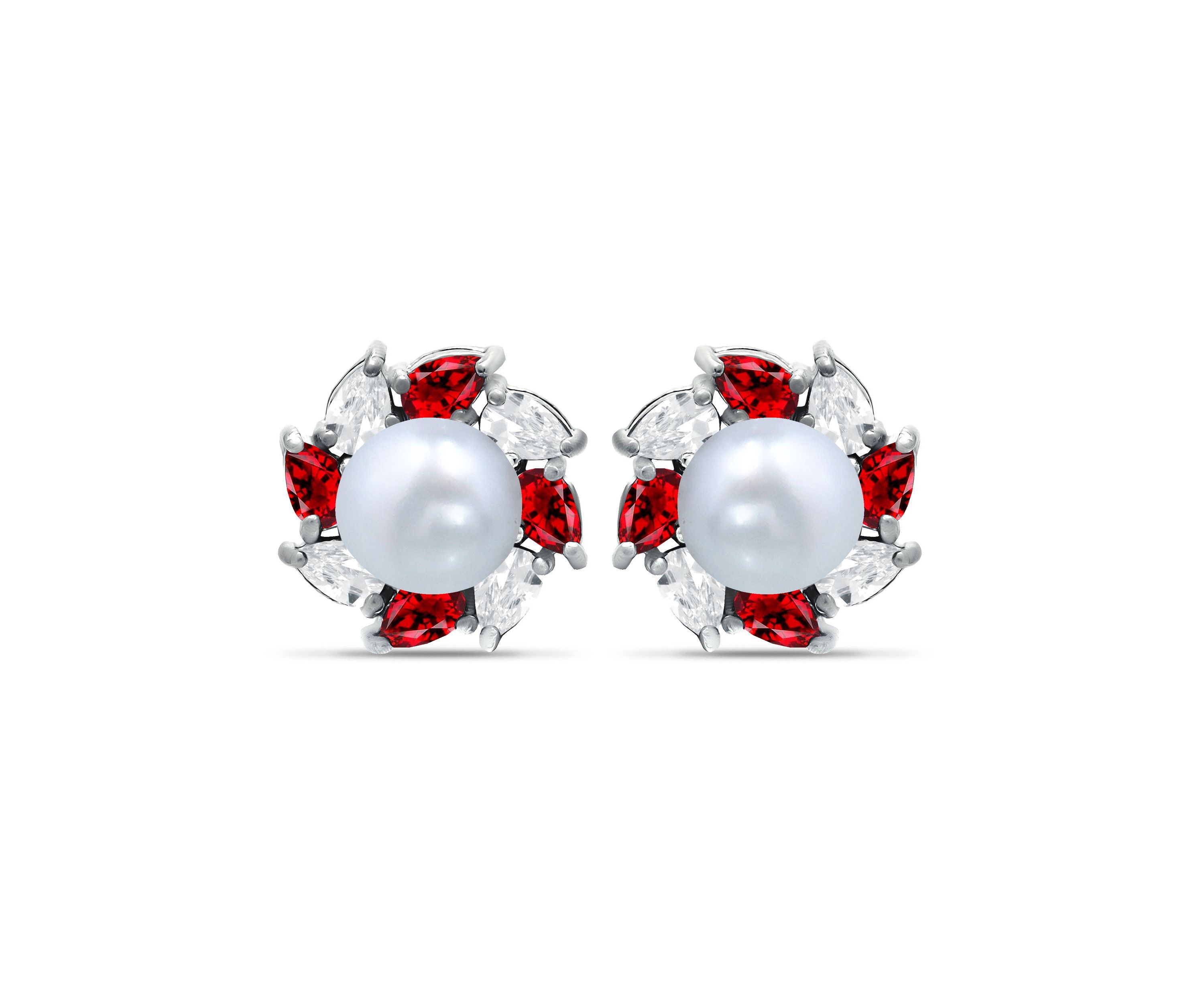 Lab Created 2.76 Cttw 5mm Freshwater Pearl Center 3X2mm Pear Stone Created Ruby & Cubic Zirconia Halo Button Earrings, Sterling Silver