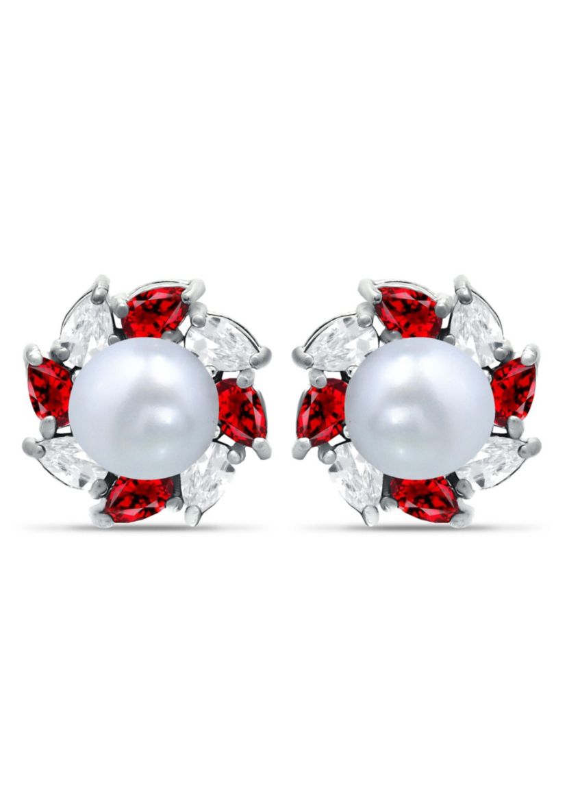 Lab Created 2.76 Cttw 5mm Freshwater Pearl Center 3X2mm Pear Stone Created Ruby & Cubic Zirconia Halo Button Earrings, Sterling Silver