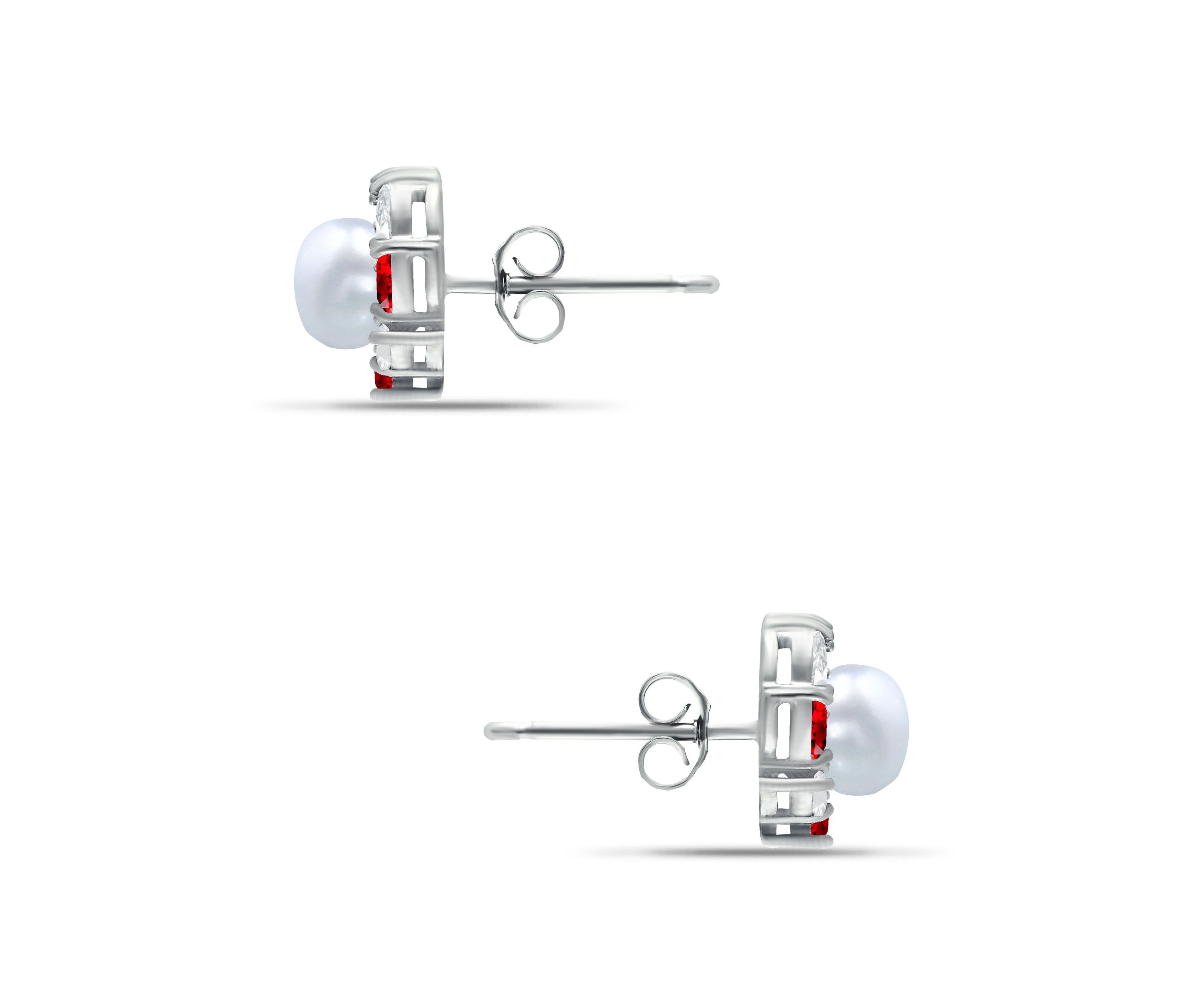 Lab Created 2.76 Cttw 5mm Freshwater Pearl Center 3X2mm Pear Stone Created Ruby & Cubic Zirconia Halo Button Earrings, Sterling Silver