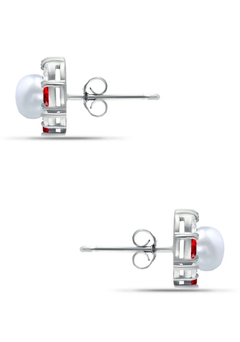 Lab Created 2.76 Cttw 5mm Freshwater Pearl Center 3X2mm Pear Stone Created Ruby & Cubic Zirconia Halo Button Earrings, Sterling Silver