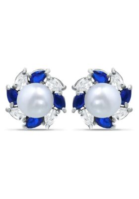 Belk & Co Lab Created 2.76 Cttw 5mm Freshwater Pearl Center 3X2mm Pear Stone Created Blue Sapphire & Cubic Zirconia Halo Button Earrings, Sterling