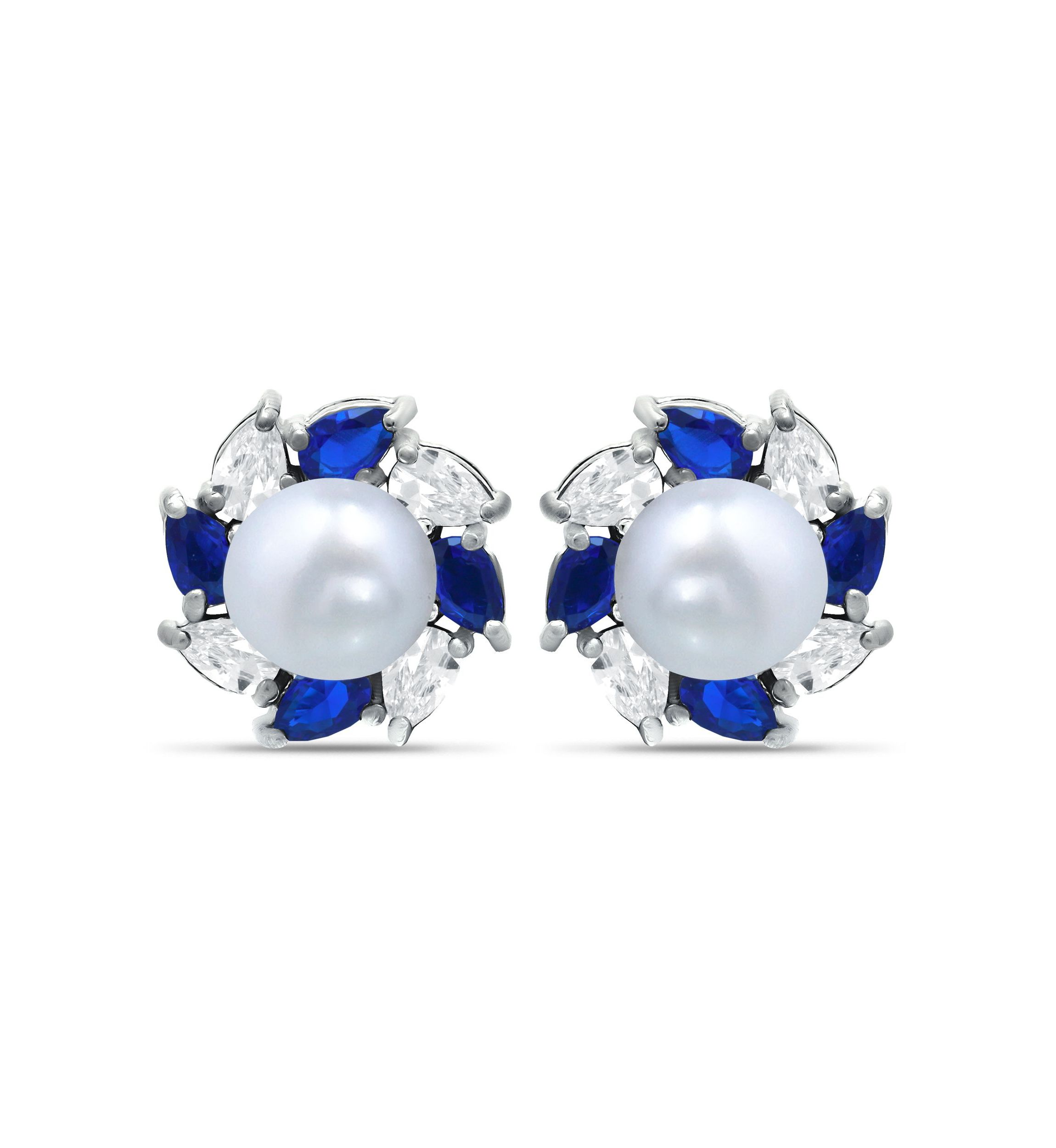 Lab Created 2.76 Cttw 5mm Freshwater Pearl Center 3X2mm Pear Stone Created Blue Sapphire & Cubic Zirconia Halo Button Earrings, Sterling Silver