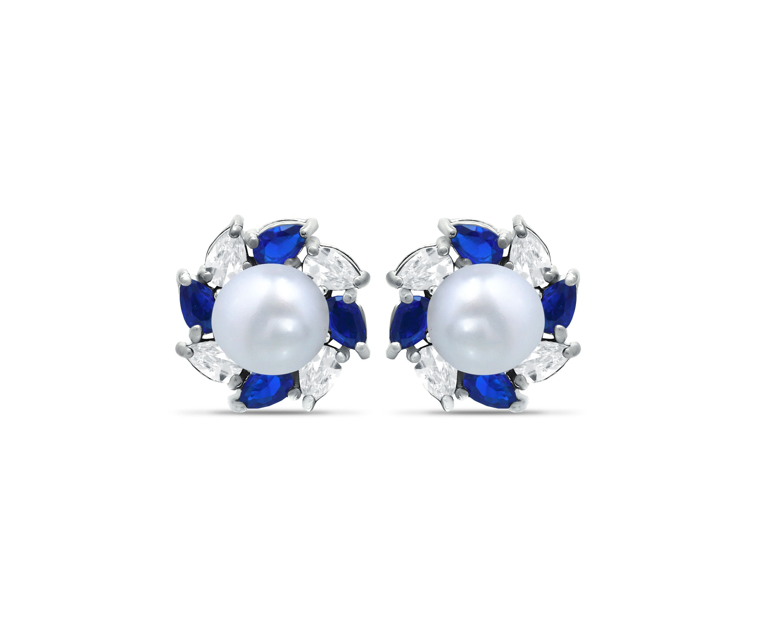Lab Created 2.76 Cttw 5mm Freshwater Pearl Center 3X2mm Pear Stone Created Blue Sapphire & Cubic Zirconia Halo Button Earrings, Sterling Silver