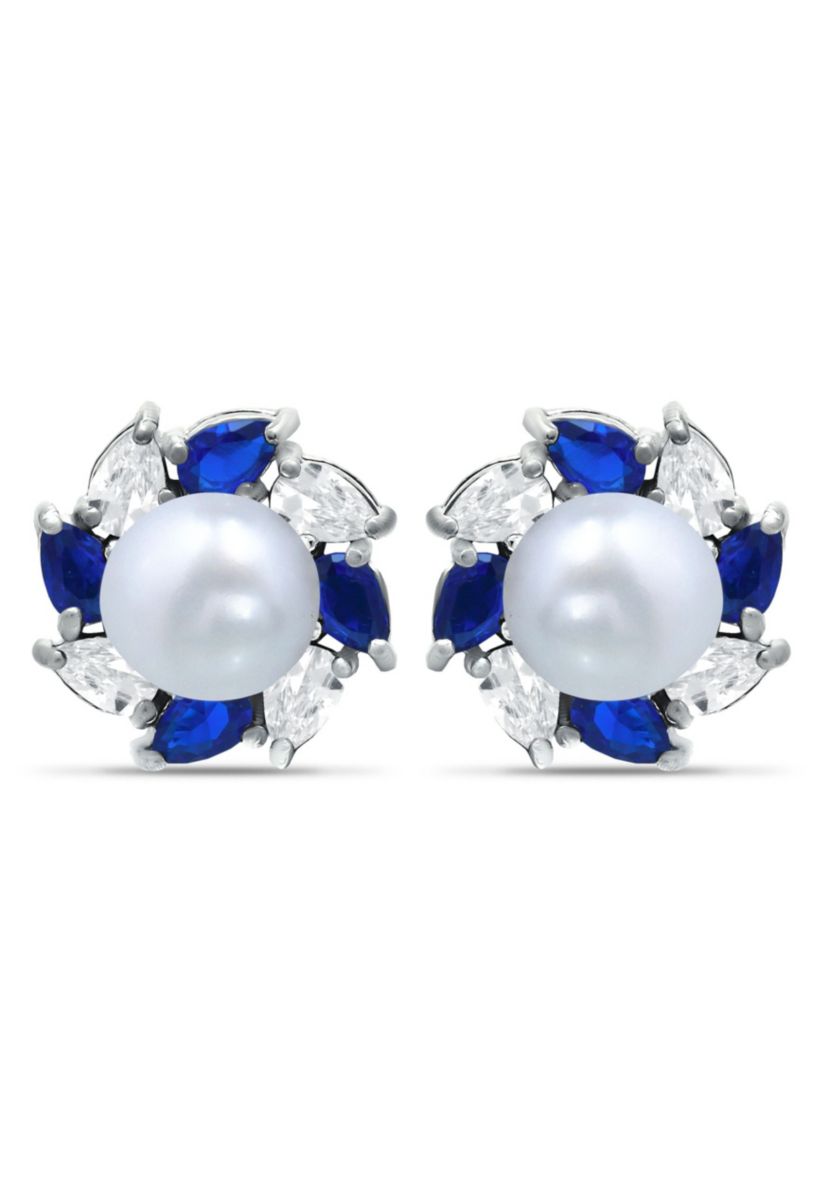 Lab Created 2.76 Cttw 5mm Freshwater Pearl Center 3X2mm Pear Stone Created Blue Sapphire & Cubic Zirconia Halo Button Earrings, Sterling Silver
