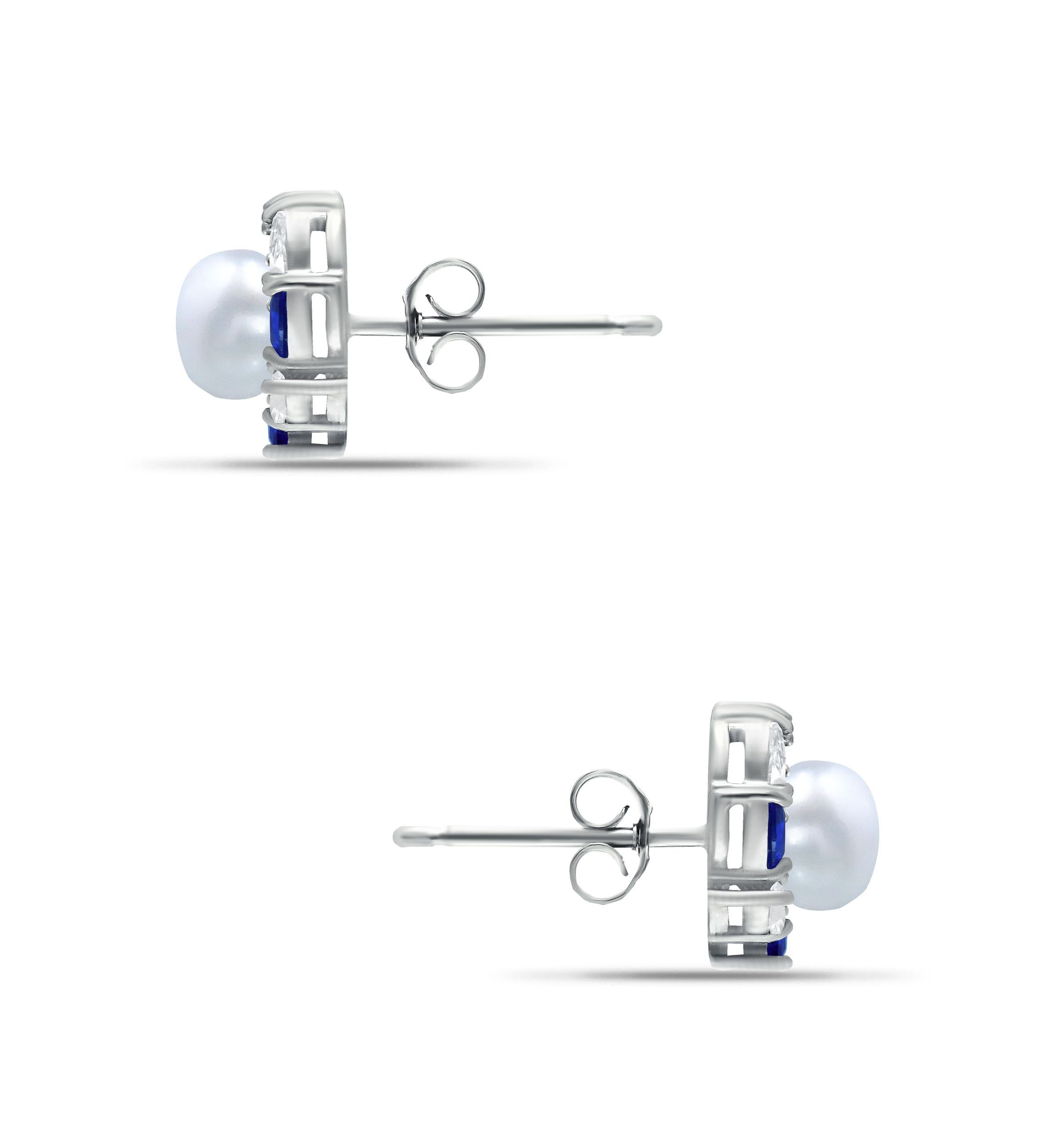 Lab Created 2.76 Cttw 5mm Freshwater Pearl Center 3X2mm Pear Stone Created Blue Sapphire & Cubic Zirconia Halo Button Earrings, Sterling Silver