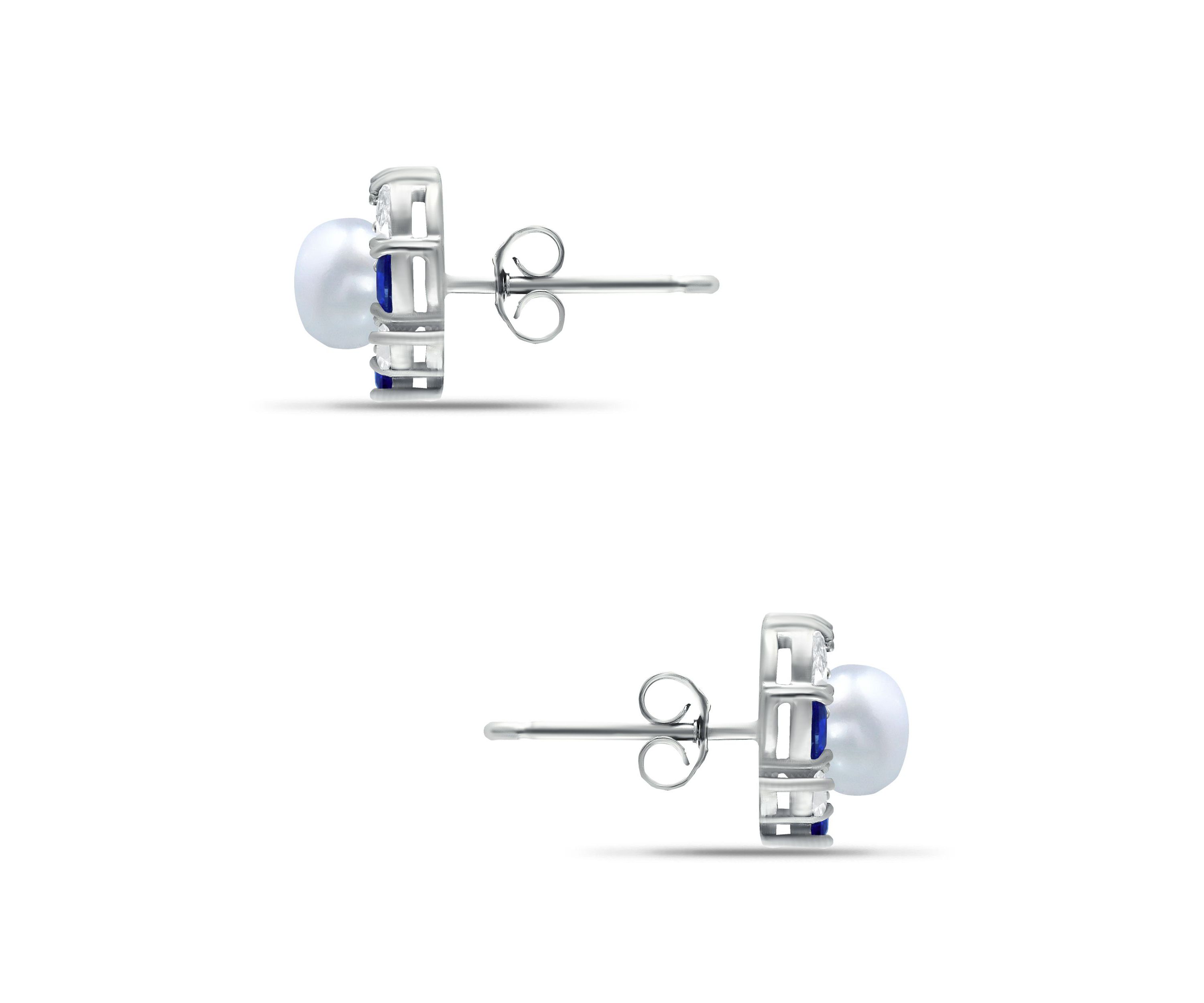 Lab Created 2.76 Cttw 5mm Freshwater Pearl Center 3X2mm Pear Stone Created Blue Sapphire & Cubic Zirconia Halo Button Earrings, Sterling Silver