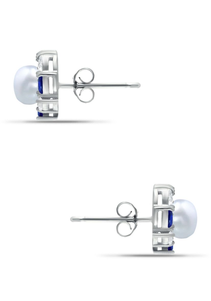Lab Created 2.76 Cttw 5mm Freshwater Pearl Center 3X2mm Pear Stone Created Blue Sapphire & Cubic Zirconia Halo Button Earrings, Sterling Silver
