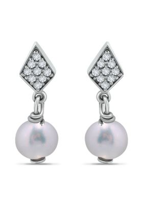 Belk & Co 3.61 Cttw Cubic Zirconia Pave Geo with 6mm Freshwater Pearl Drop Post Earrings, Sterling Silver