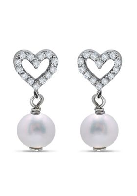 Belk & Co 4.82 Cttw 7mm Freshwater Pearl Cubic Zirconia Pave Open Heart Earrings, Sterling Silver