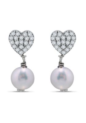 Belk & Co 5.0 Cttw Cubic Zirconia Pave Heart with 7mm Freshwater Pearl Drop Post Earrings, Sterling Silver