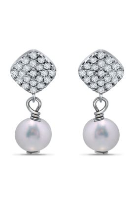 Belk & Co 5.09 Cttw Cubic Zirconia Pave Square with 7mm Freshwater Pearl Drop Post Earrings, Sterling Silver