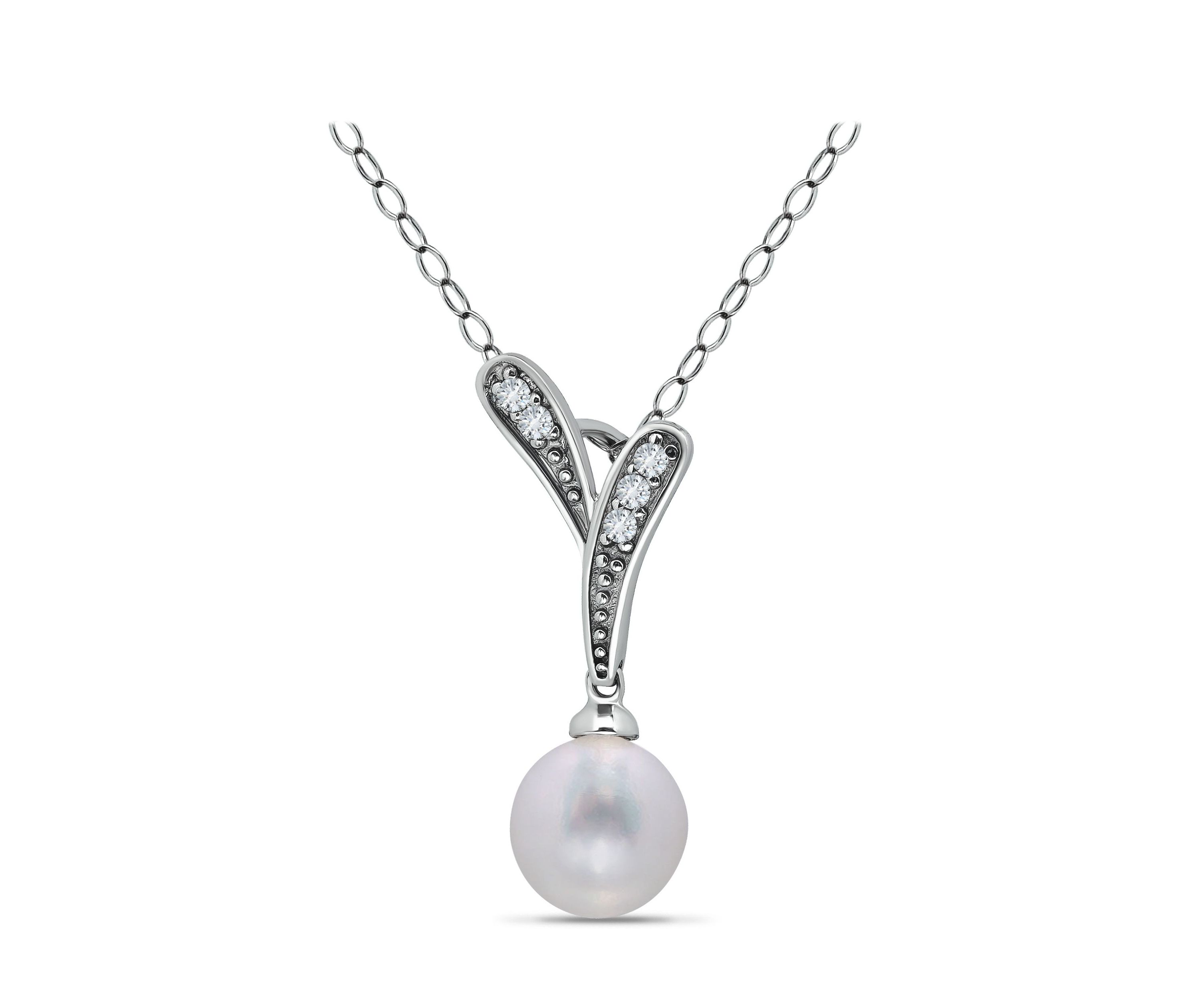 3.12 Cttw Cubic Zirconia Pave "V" with 8mm Freshwater Pearl Drop Pendant on 18" Chain, Sterling Silver