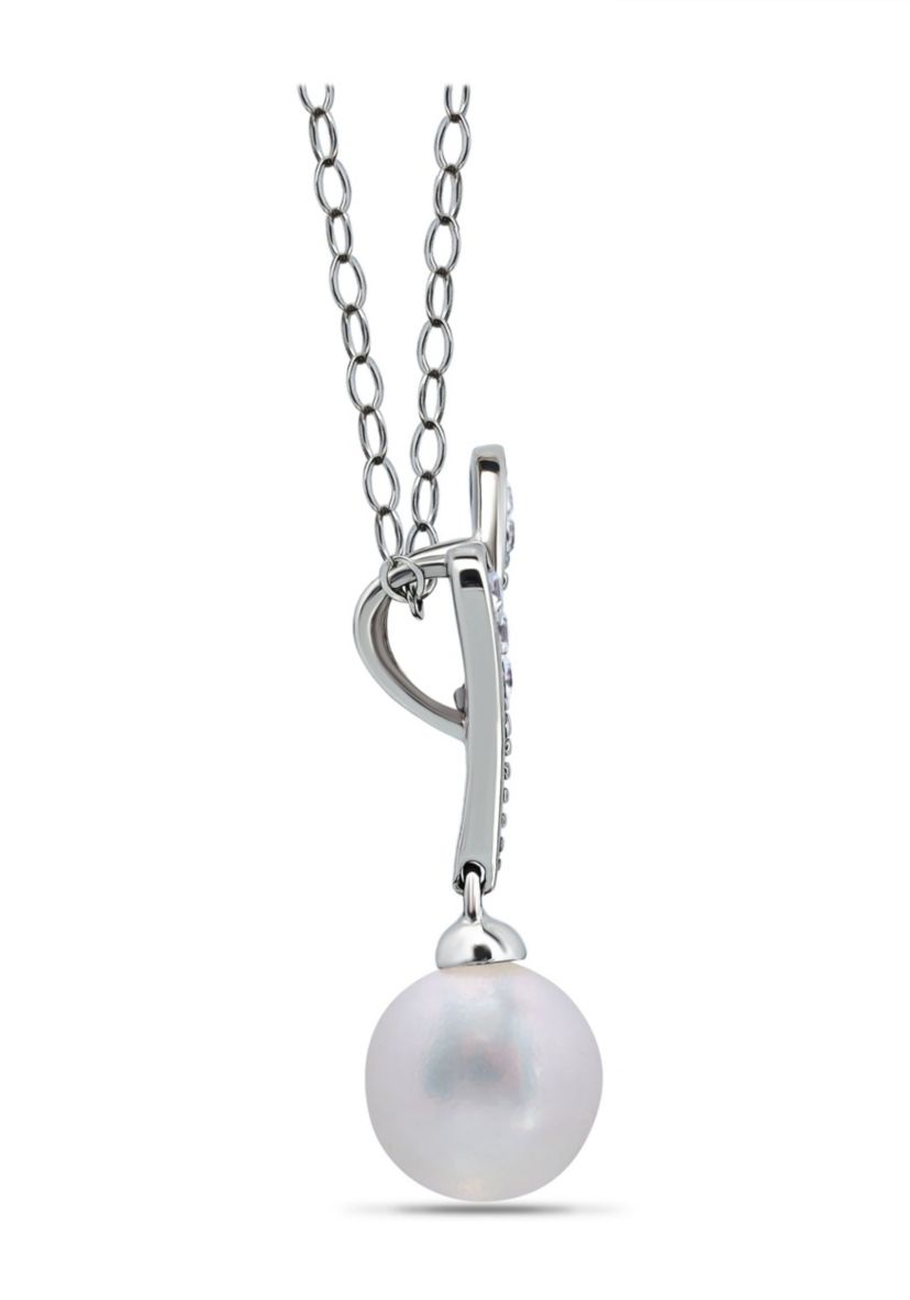 3.12 Cttw Cubic Zirconia Pave "V" with 8mm Freshwater Pearl Drop Pendant on 18" Chain, Sterling Silver