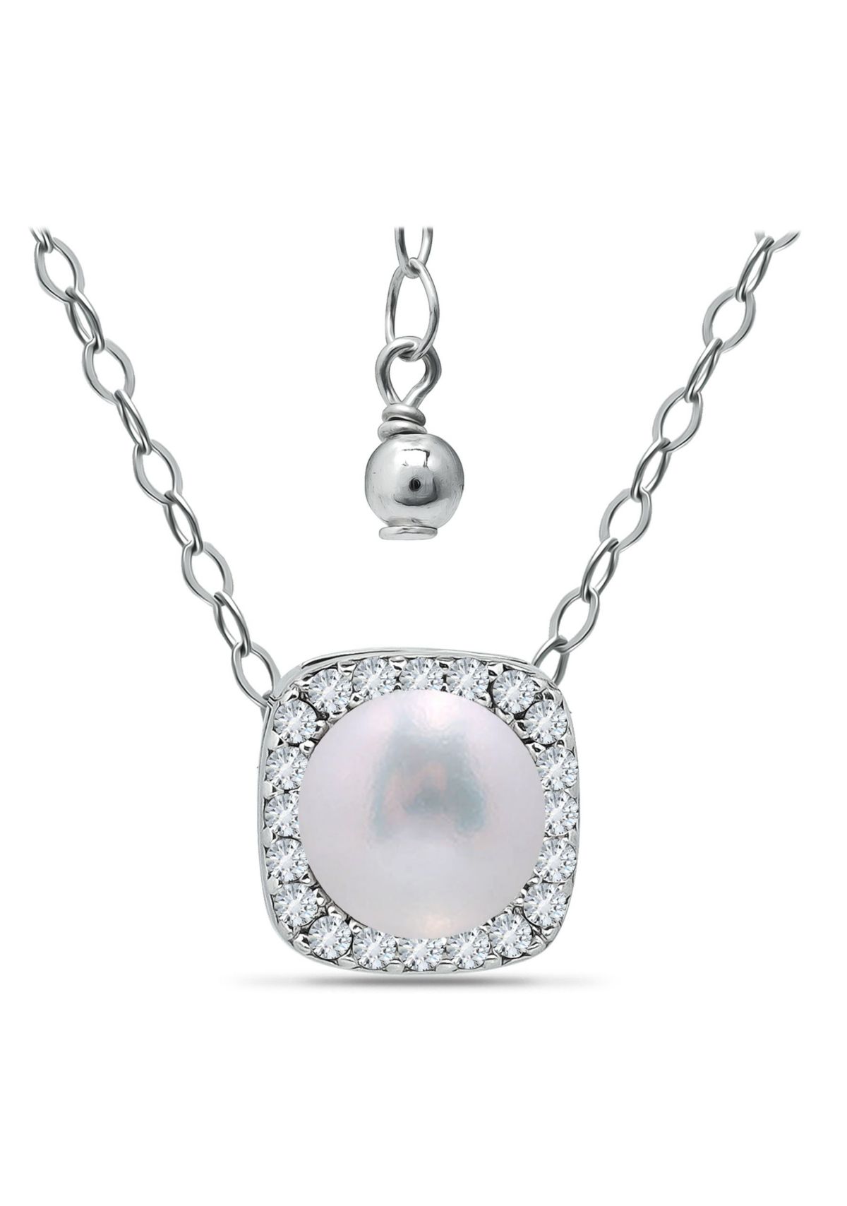 2.15 Cttw 7mm Freshwater Pearl Center Stone Cubic Zirconia Halo Necklace 16" with 2" extender, Sterling Silver