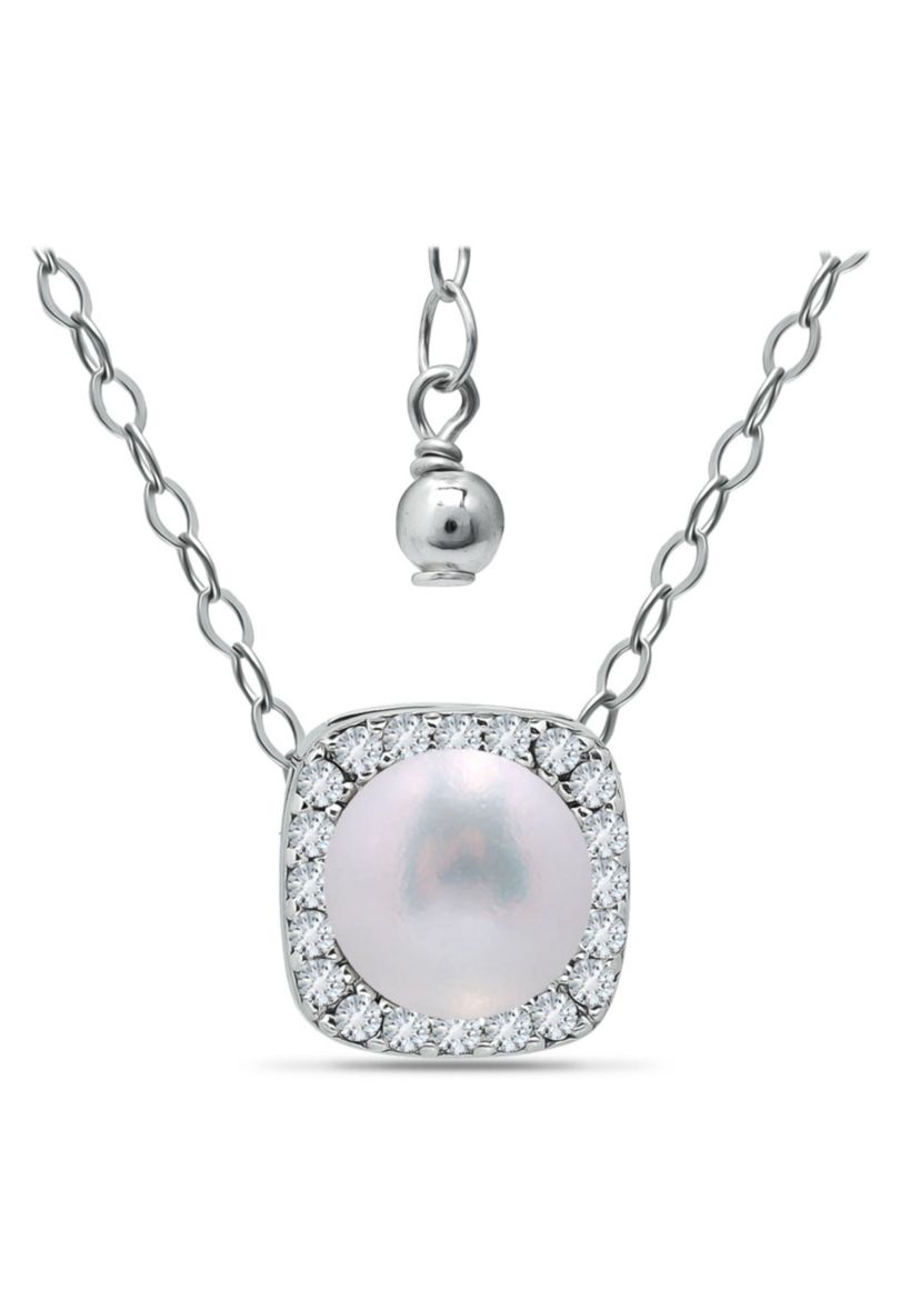 2.15 Cttw 7mm Freshwater Pearl Center Stone Cubic Zirconia Halo Necklace 16" with 2" extender, Sterling Silver