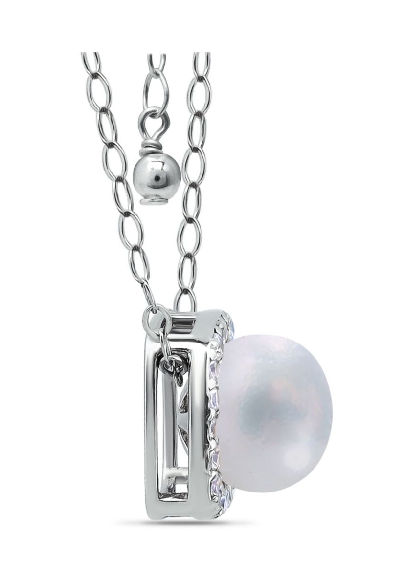 2.15 Cttw 7mm Freshwater Pearl Center Stone Cubic Zirconia Halo Necklace 16" with 2" extender, Sterling Silver