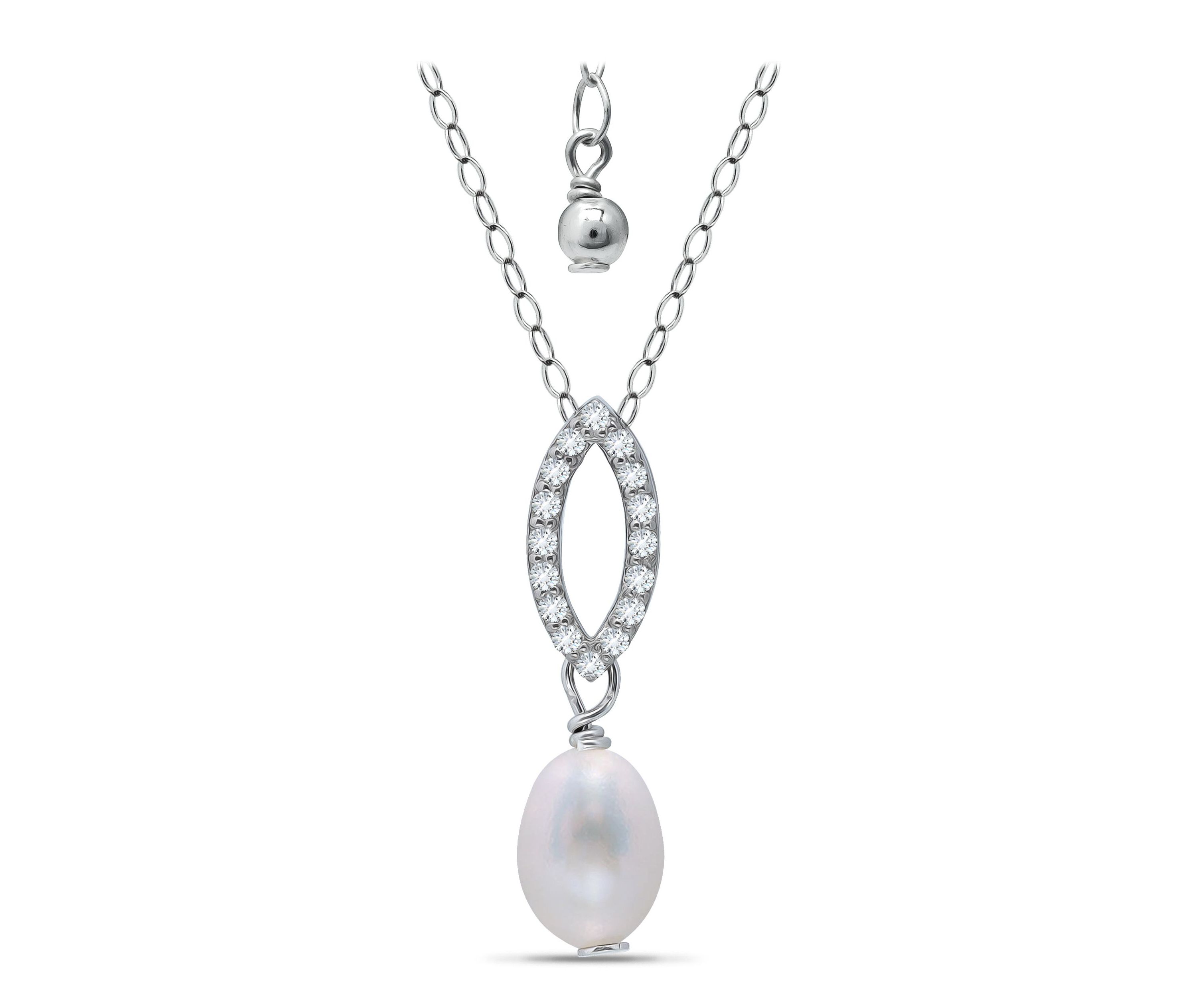 4.09 Cttw 9X7 Oval Freshwater Pearl Cubic Zirconia Pave Oval Necklace 16" with 2" Extender, Sterling Silver