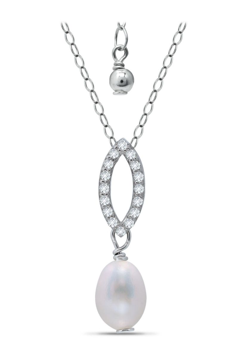 4.09 Cttw 9X7 Oval Freshwater Pearl Cubic Zirconia Pave Oval Necklace 16" with 2" Extender, Sterling Silver