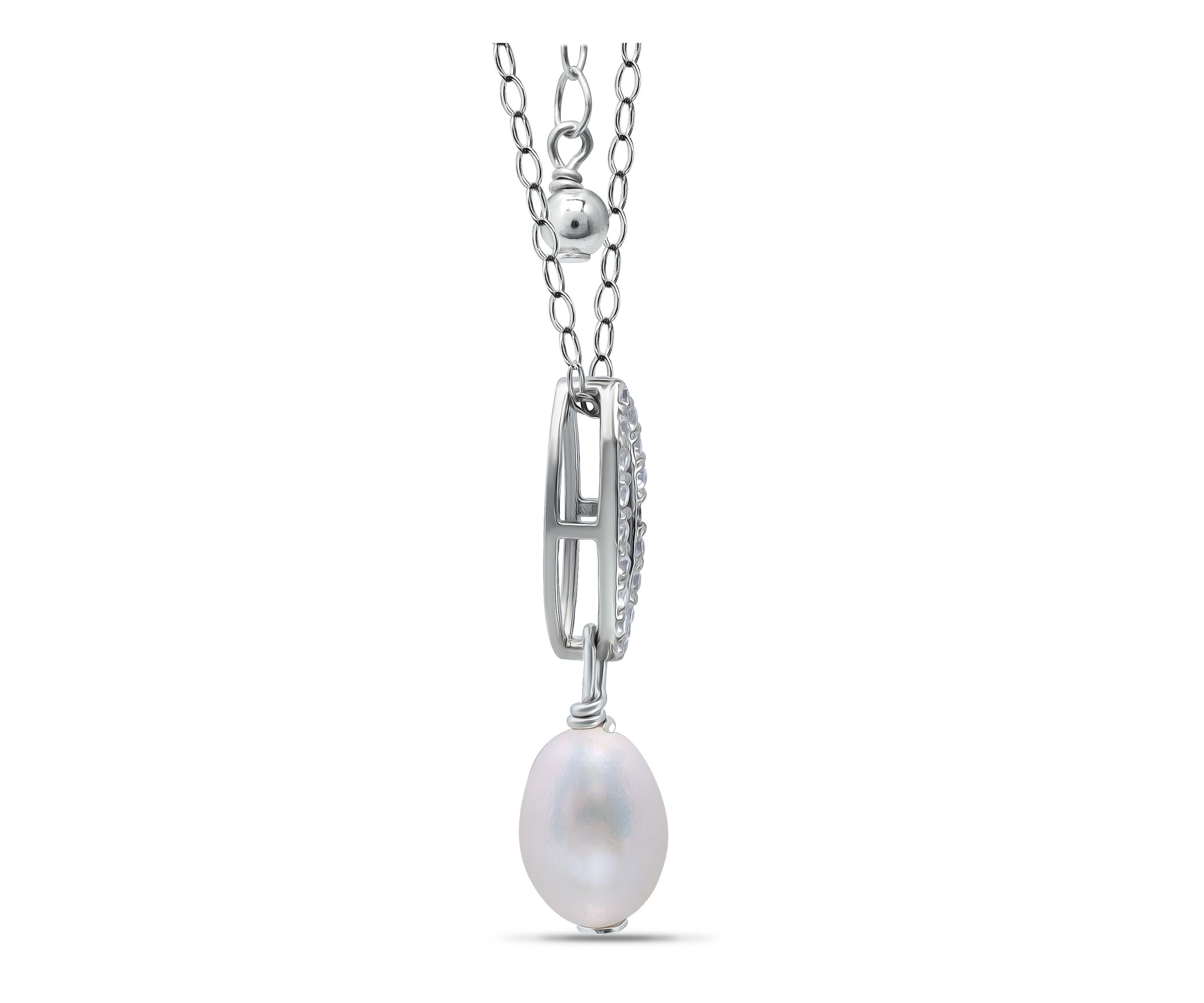 4.09 Cttw 9X7 Oval Freshwater Pearl Cubic Zirconia Pave Oval Necklace 16" with 2" Extender, Sterling Silver