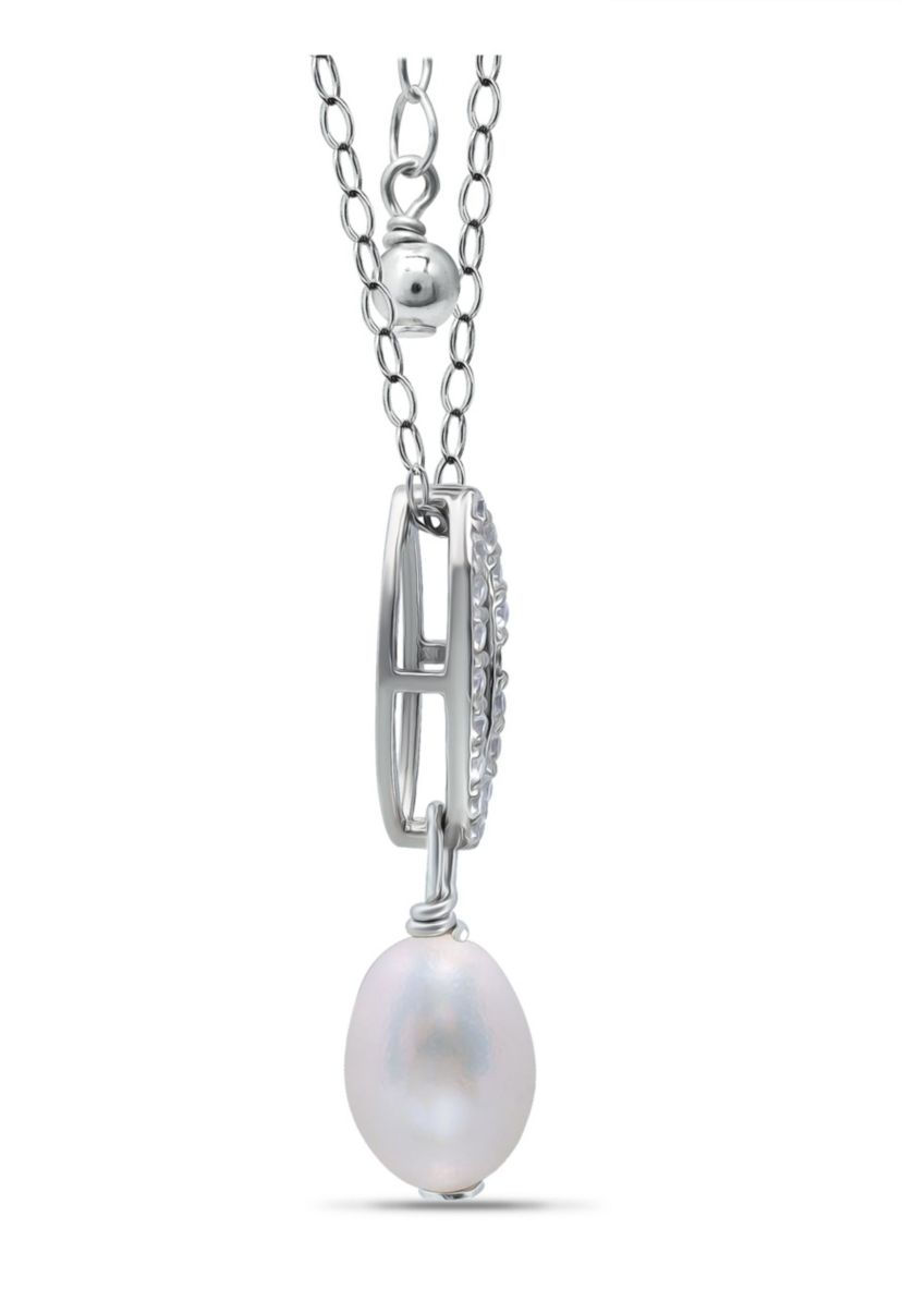 4.09 Cttw 9X7 Oval Freshwater Pearl Cubic Zirconia Pave Oval Necklace 16" with 2" Extender, Sterling Silver