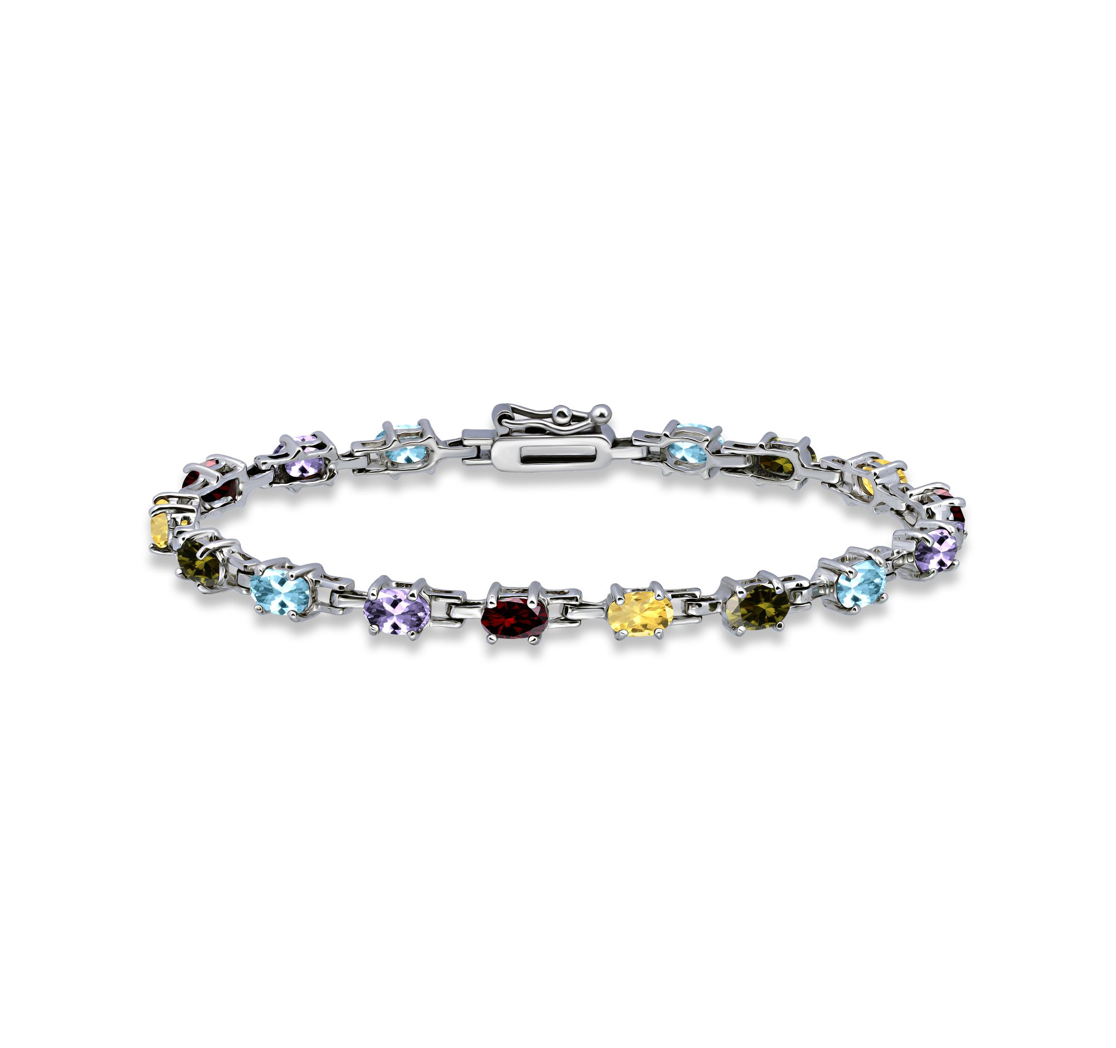 6 5/8 Cttw 6X4 Oval Blue Topaz, Peridot, Citrine, Garnet & Amethyst 16 Stone Link Bracelet, Sterling Silver, DS