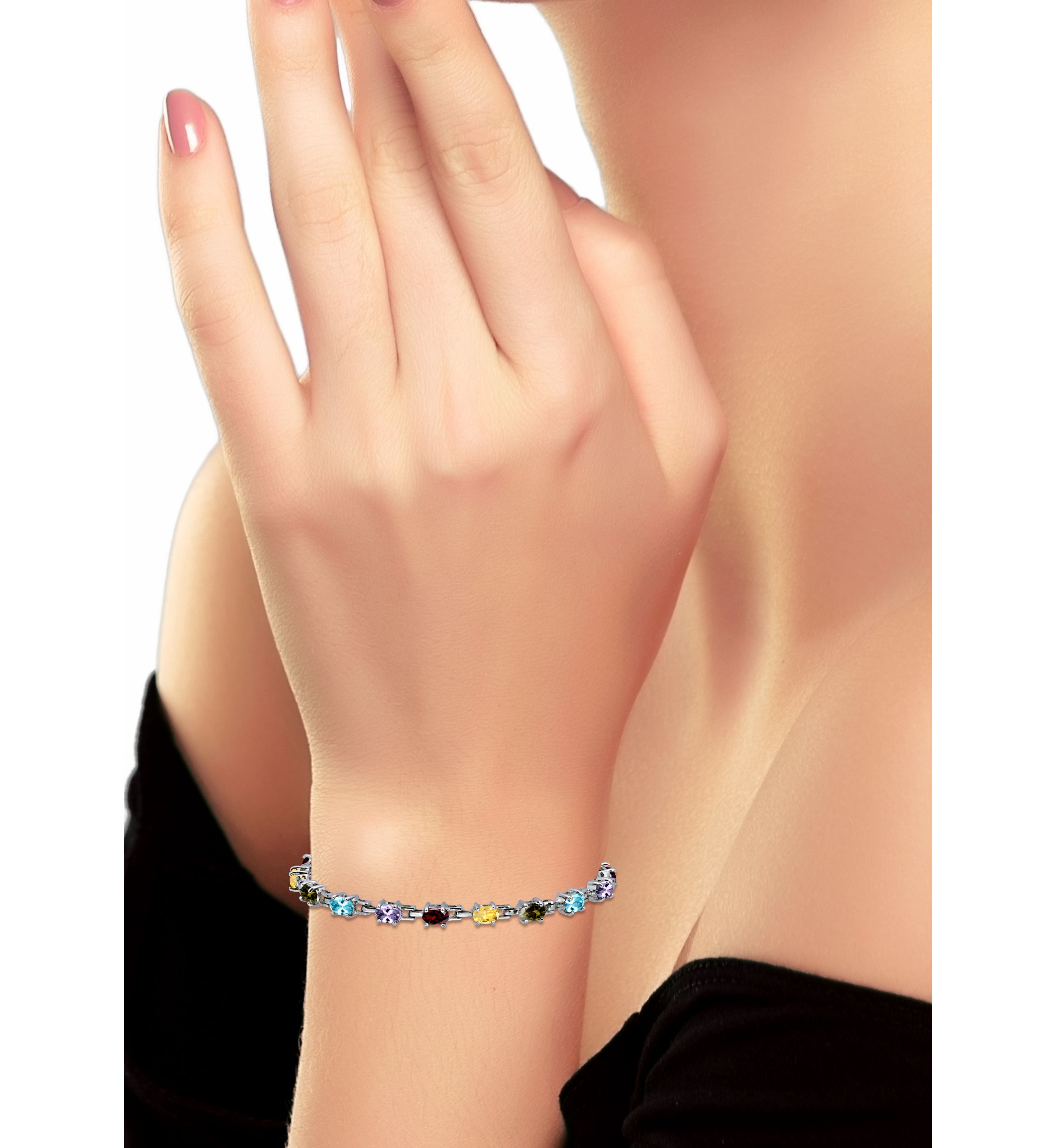 6 5/8 Cttw 6X4 Oval Blue Topaz, Peridot, Citrine, Garnet & Amethyst 16 Stone Link Bracelet, Sterling Silver, DS