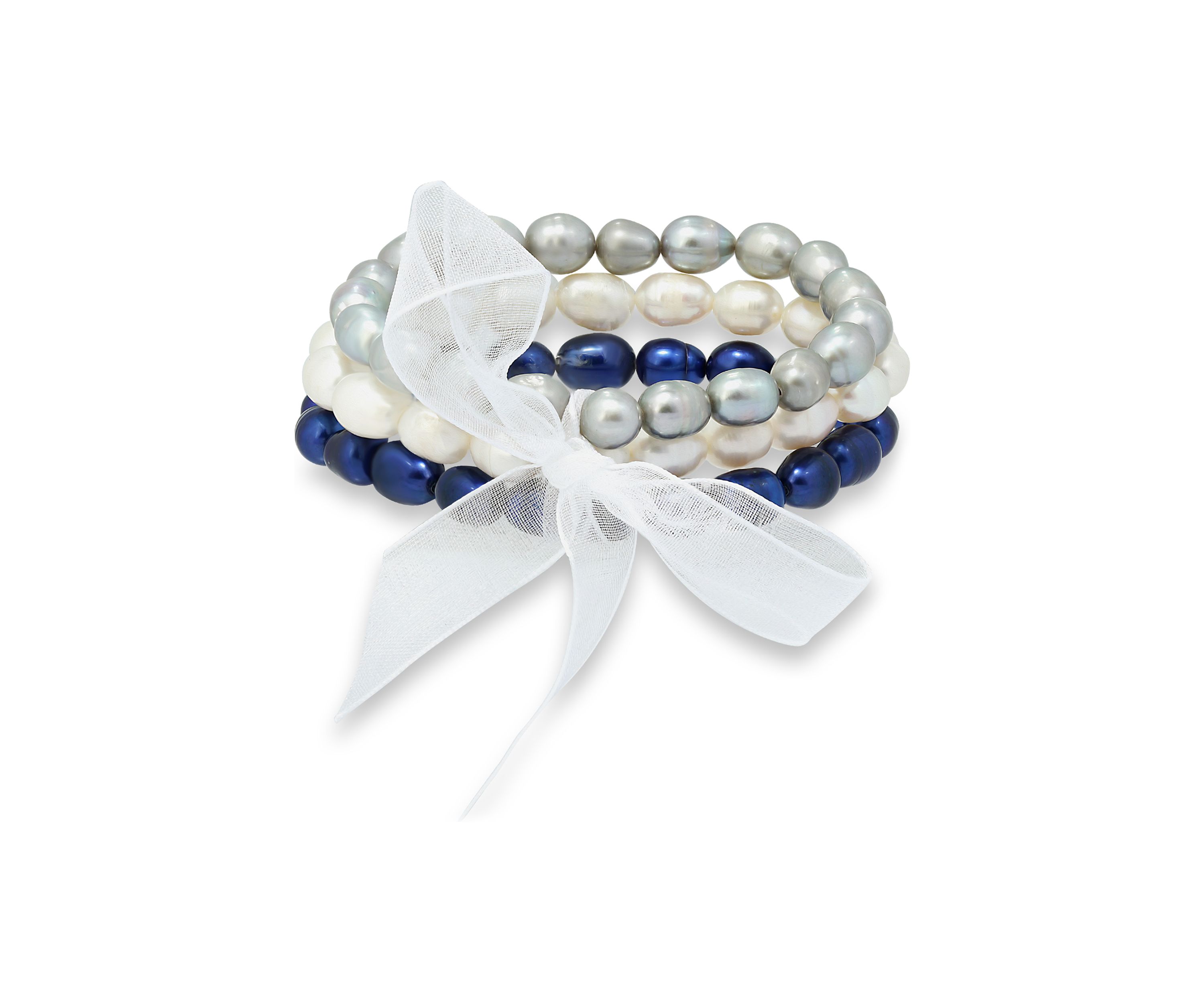 Freshwater Pearl 3-Strand Stretch  Bracelet -White, Grey  Blue