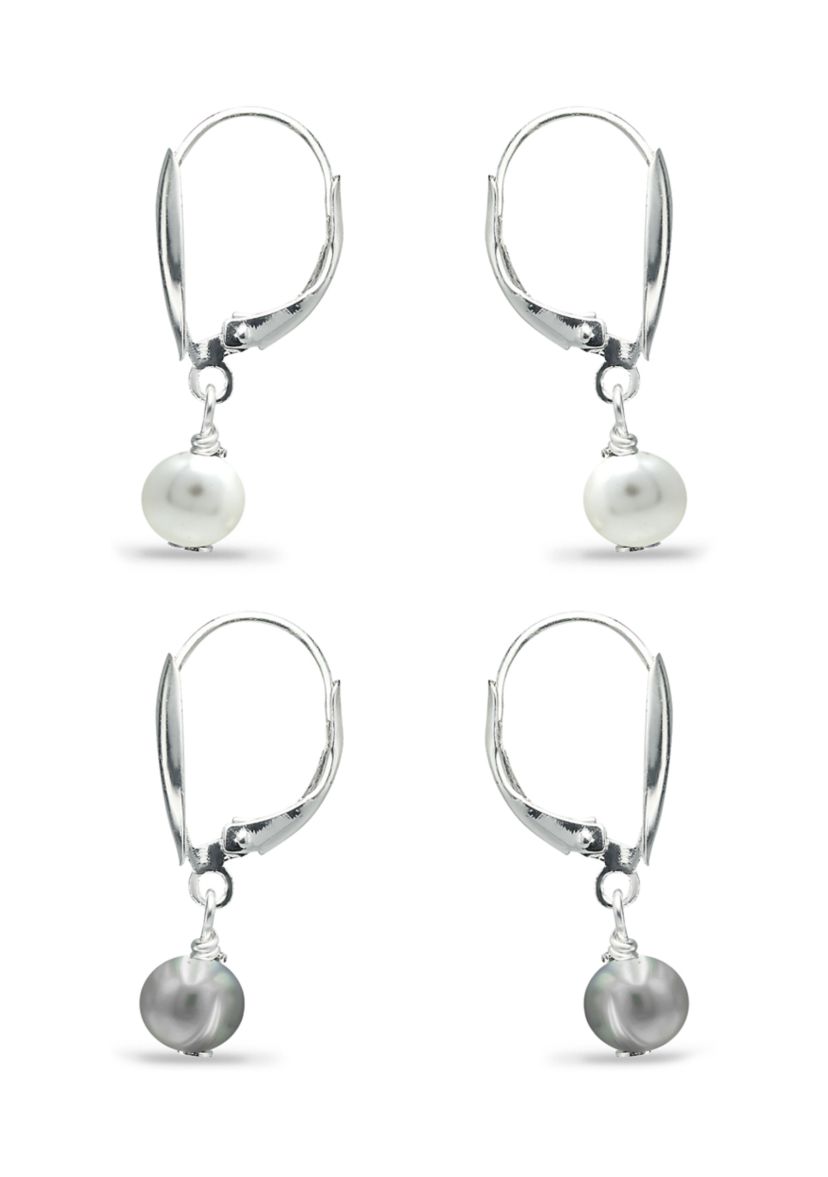 8 Millimeter White and Gray Freshwater Pearl Drop Earrings Set in Sterling Silver