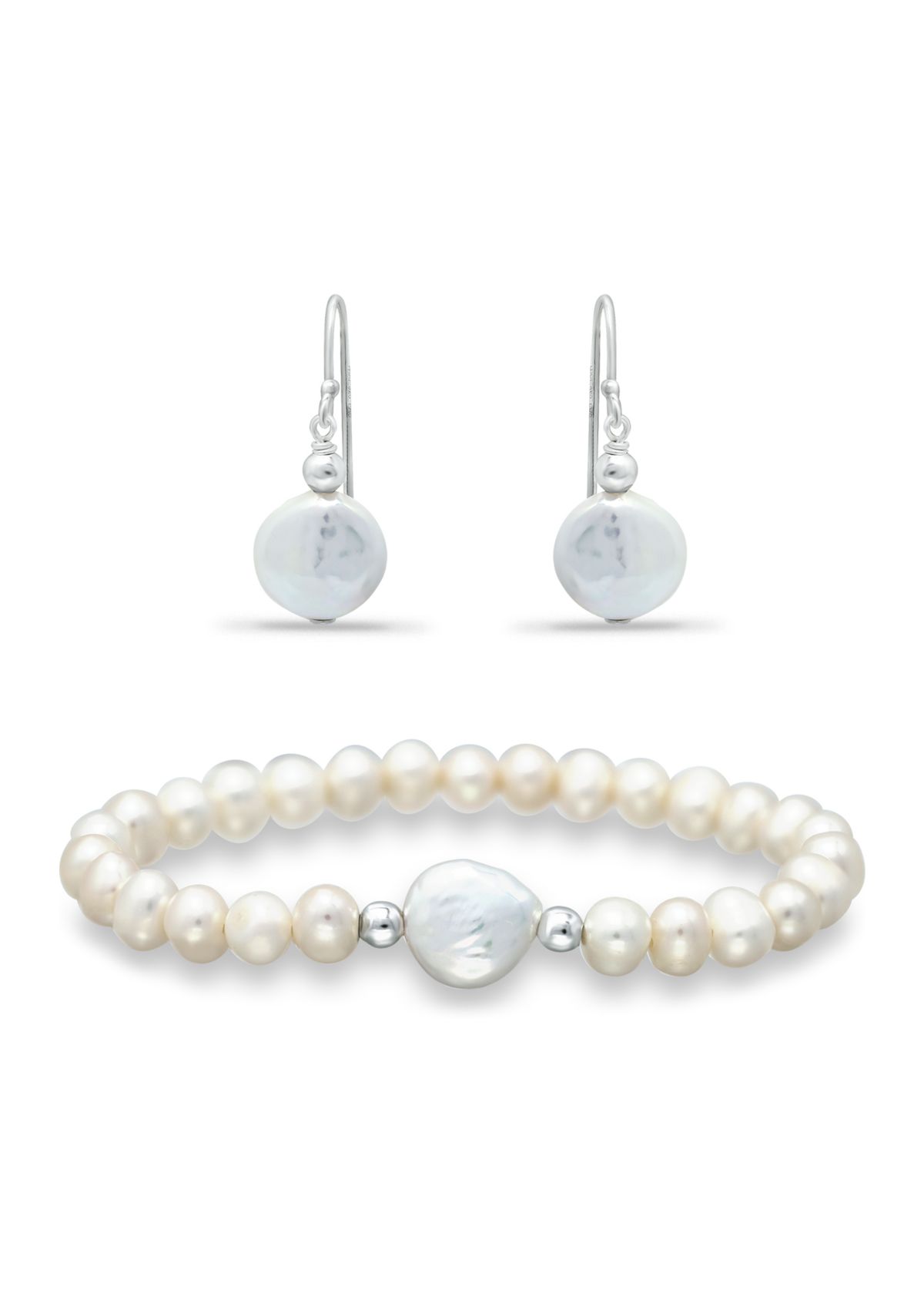 2 Piece Freshwater Pearl Earrings and Bracelet Set in Sterling Silver