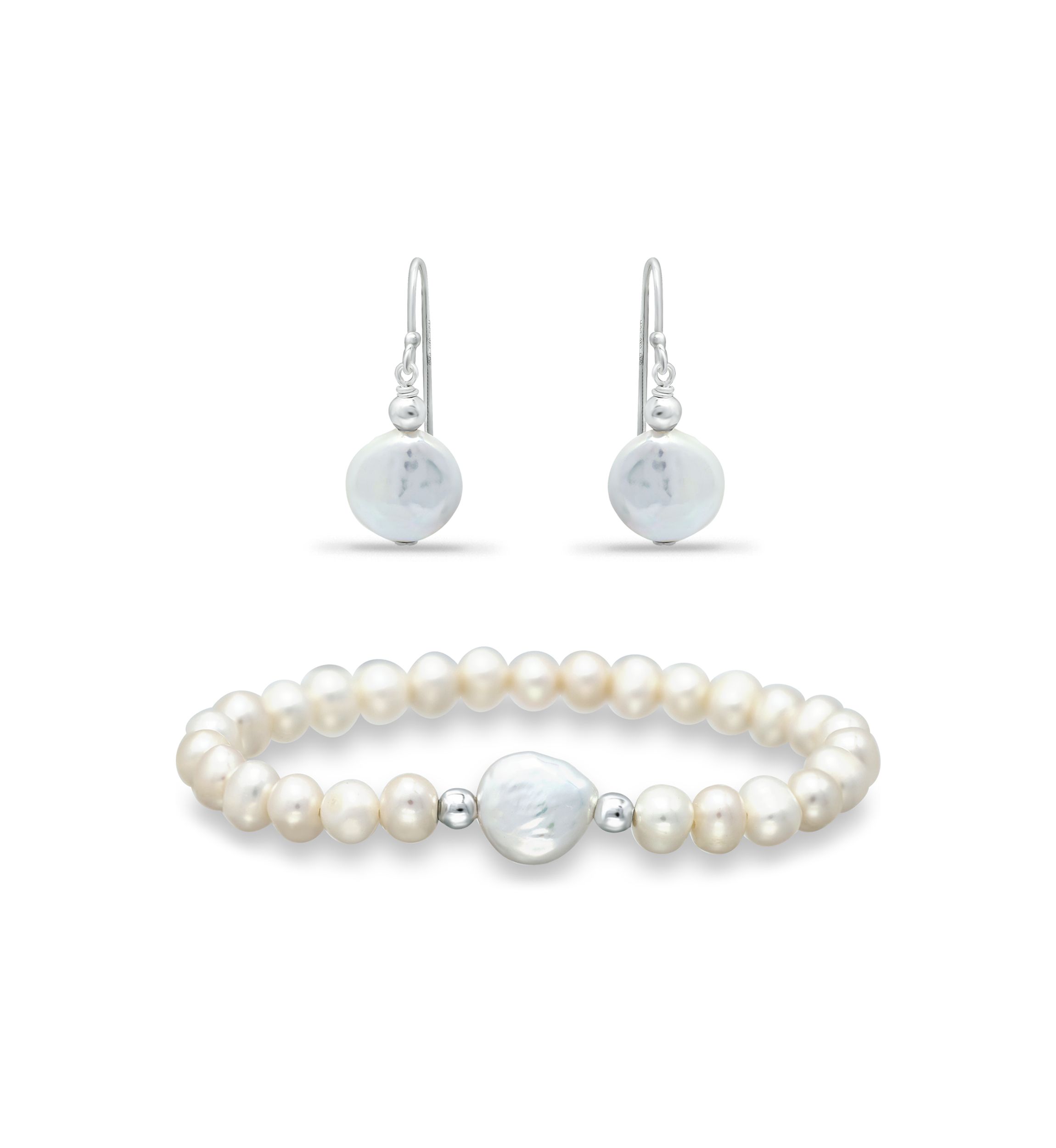 2 Piece Freshwater Pearl Earrings and Bracelet Set in Sterling Silver
