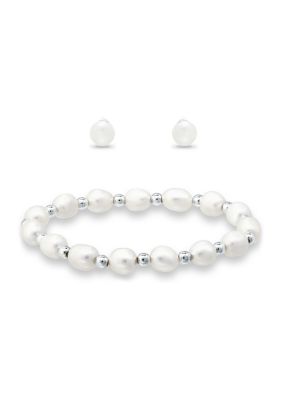 Belk & Co 2 Piece Freshwater Pearl Bracelet and Stud Earrings Set, Silver
