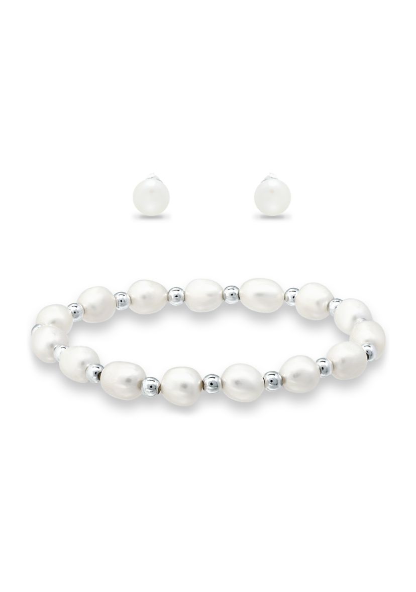2 Piece Freshwater Pearl Bracelet and Stud Earrings Set