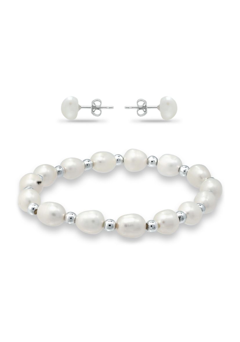 2 Piece Freshwater Pearl Bracelet and Stud Earrings Set