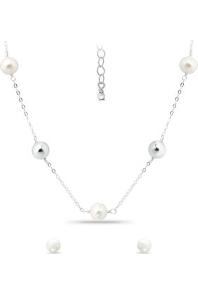 Belk & Co 2 Piece 8 Millimeter Freshwater Pearl Station Necklace and Silver Stud Earrings Set in Sterling Silver, 16 in