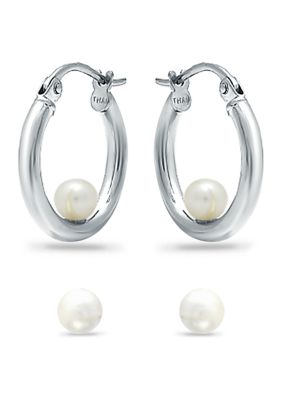 Belk & Co 2 Piece Freshwater Pearl Stud and Hoop Earrings Set in Sterling Silver