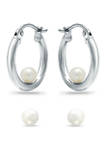 2 Piece Freshwater Pearl Stud and Hoop Earrings Set in Sterling Silver