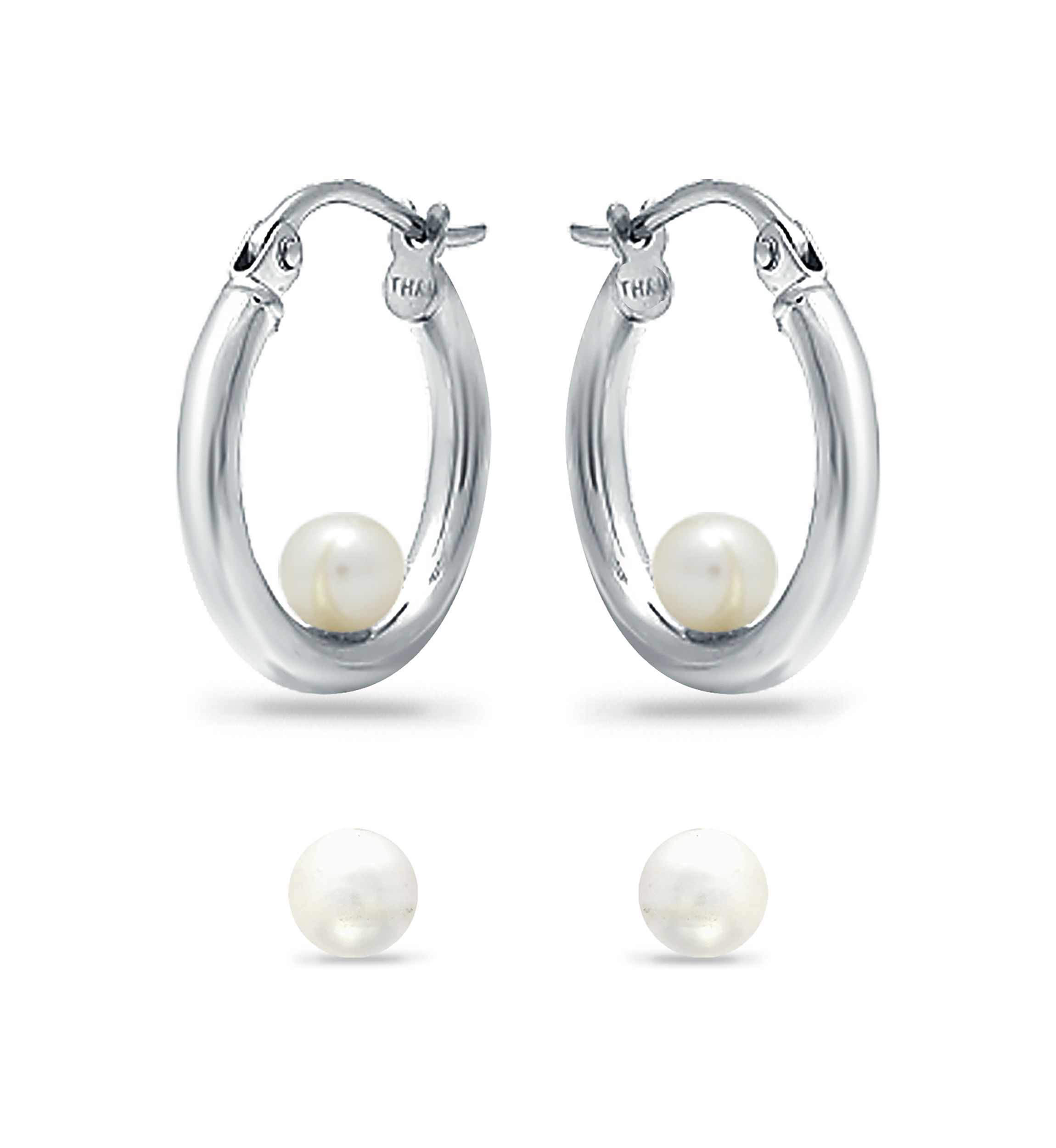 2 Piece Freshwater Pearl Stud and Hoop Earrings Set in Sterling Silver