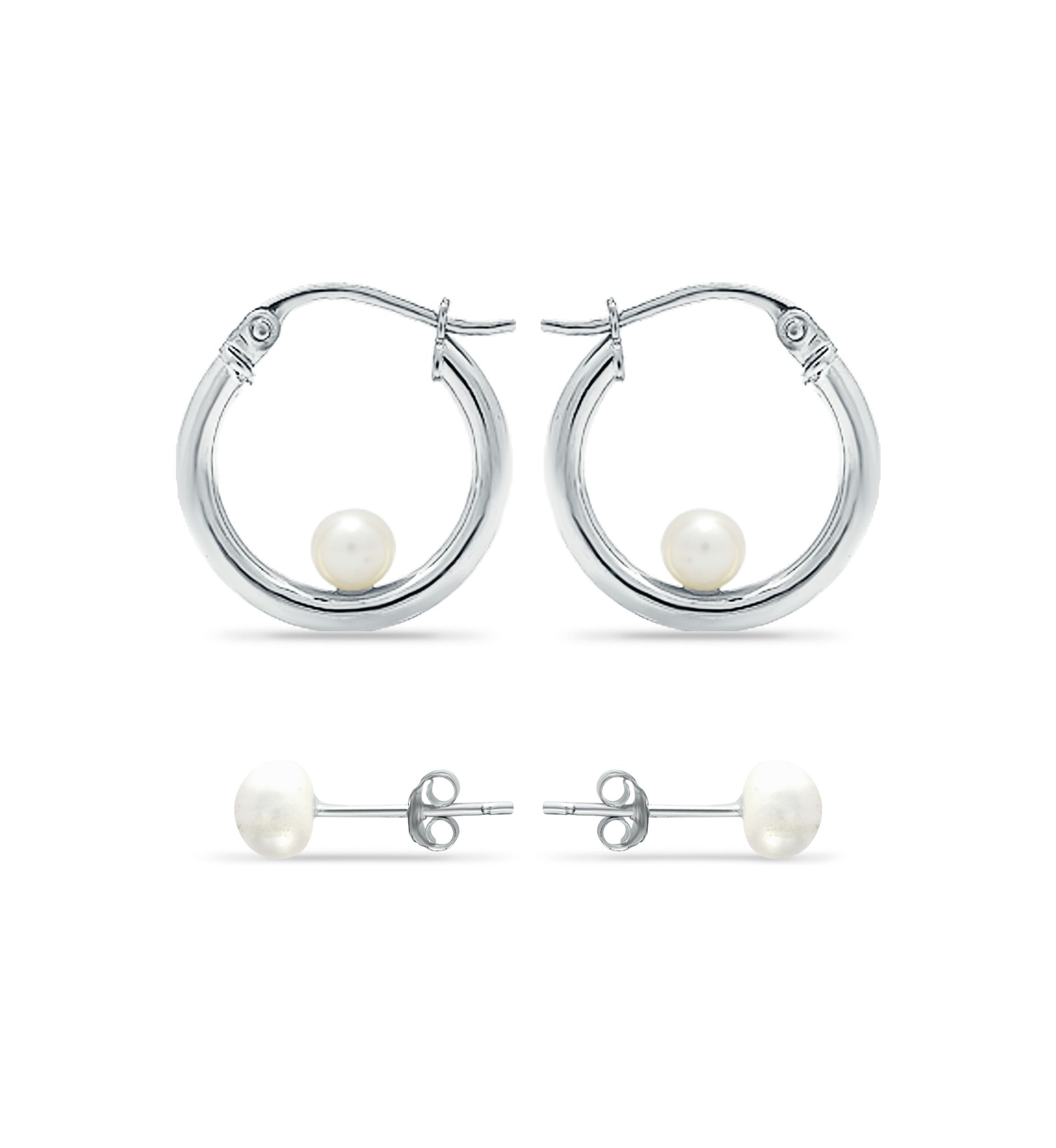 2 Piece Freshwater Pearl Stud and Hoop Earrings Set in Sterling Silver